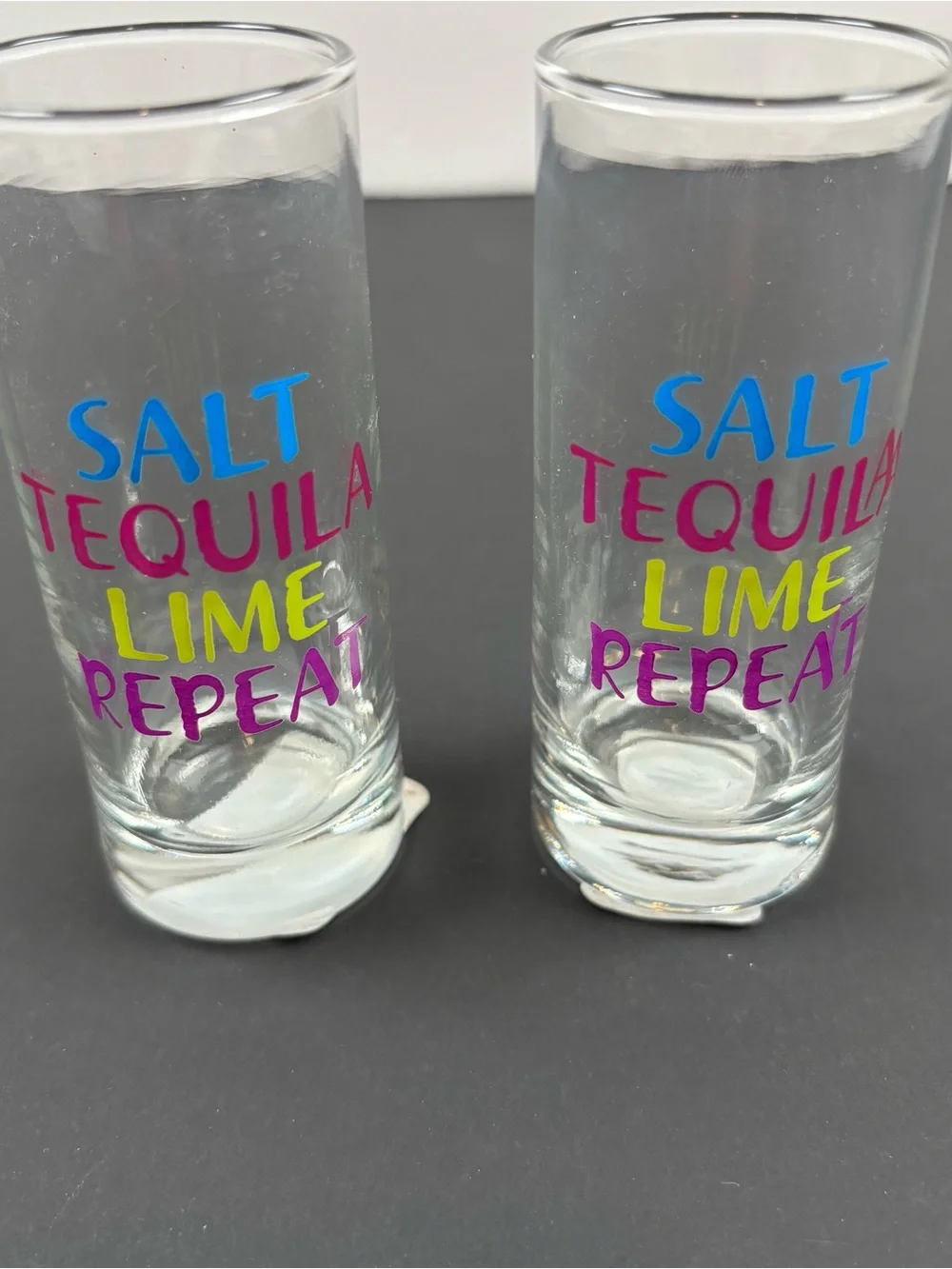 Set of 2 Shot Glasses Salt Tequila Lime Repeat Printed 2.5 oz Appox. 3.75” Tall